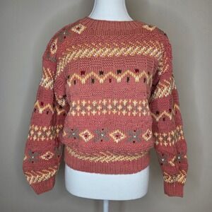VINTAGE LL Bean Sweater Womens Small Pink Ramie Cotton Chunky Knit S Fair Isle